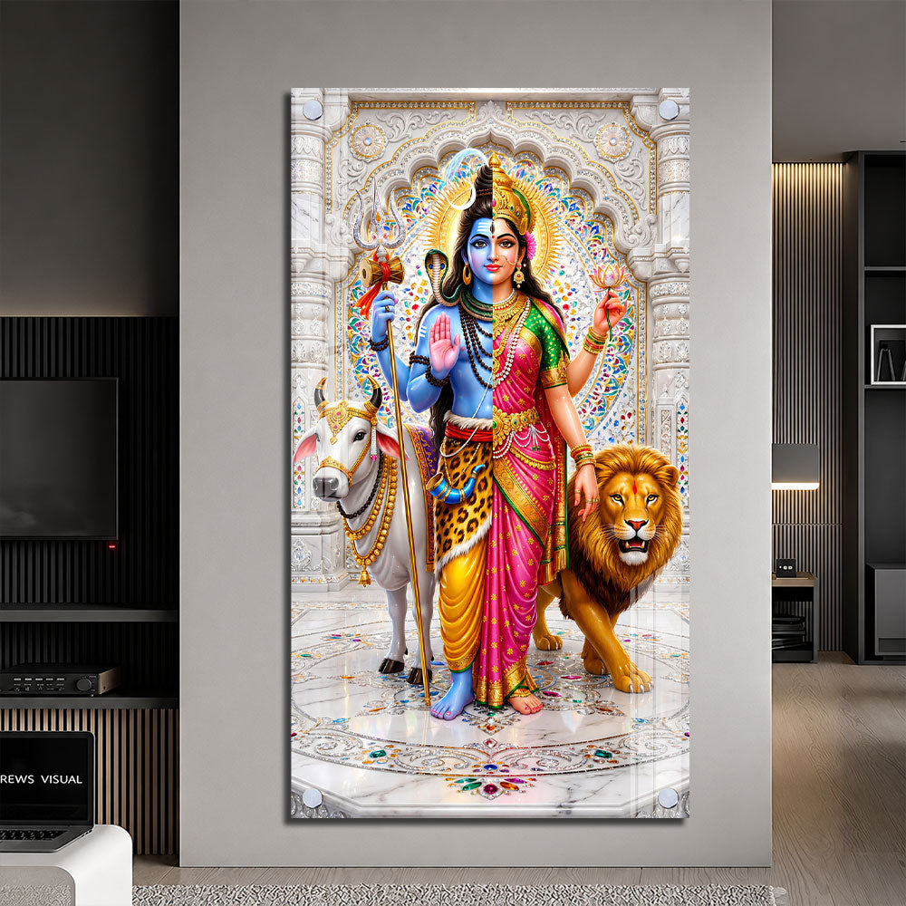 Divine Shiv Shakti with Nandi and Lion Premium Acrylic Wall Art for Home Temple