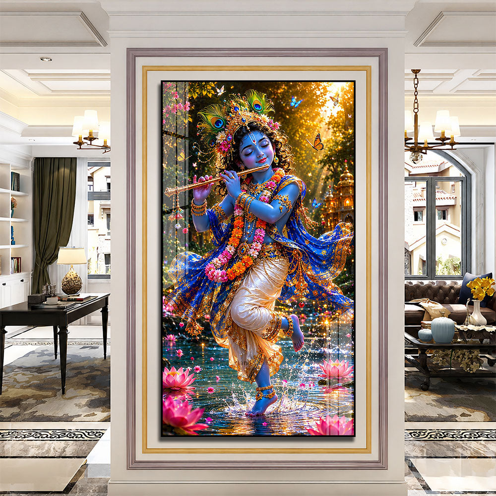 Lord Krishna Playing Bansuri Acrylic Wall Painting for Pooja Room and Office