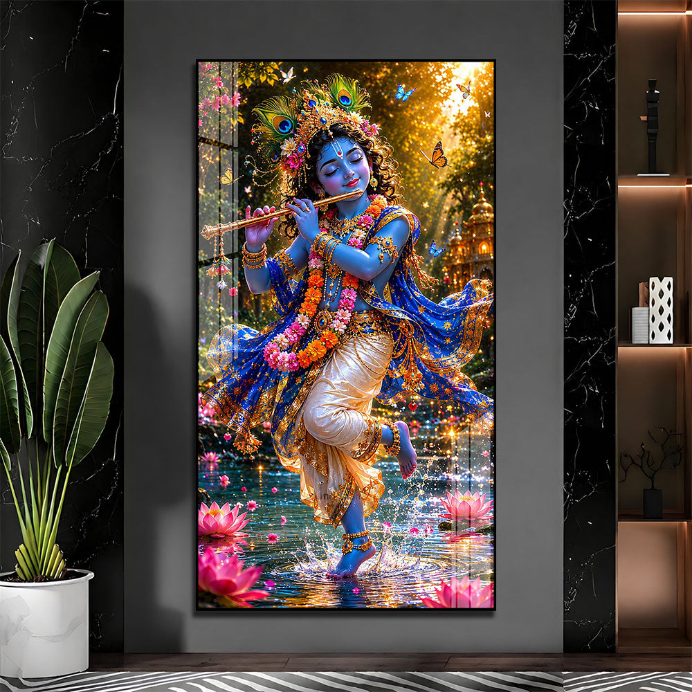 Lord Krishna Playing Bansuri Acrylic Wall Painting for Pooja Room and Office