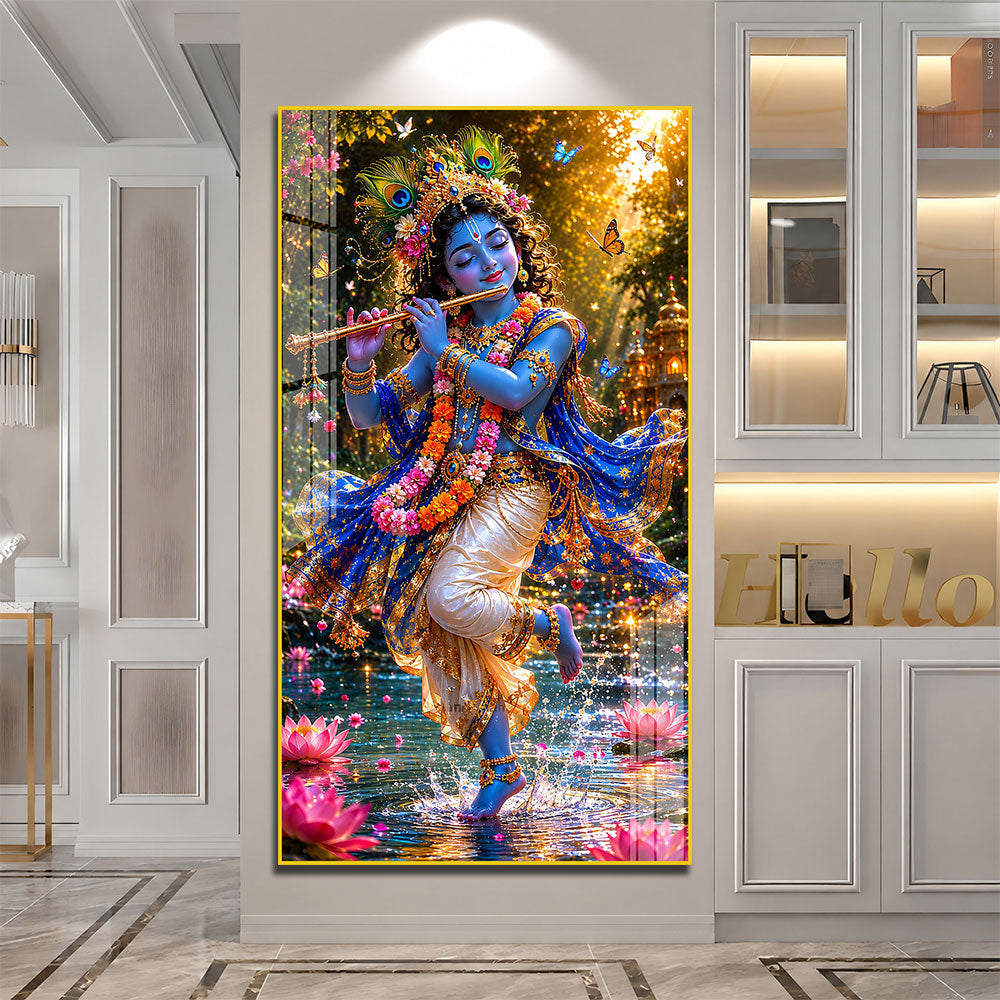 Lord Krishna Playing Bansuri Acrylic Wall Painting for Pooja Room and Office