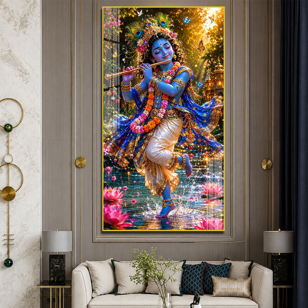 Lord Krishna Playing Bansuri Acrylic Wall Painting for Pooja Room and Office