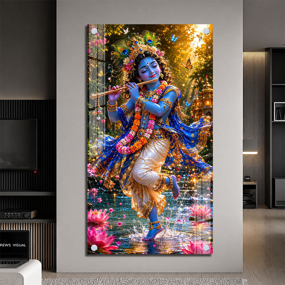 Lord Krishna Playing Bansuri Acrylic Wall Painting for Pooja Room and Office