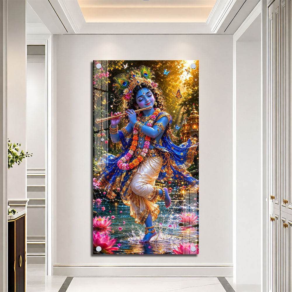 Lord Krishna Playing Bansuri Acrylic Wall Painting for Pooja Room and Office