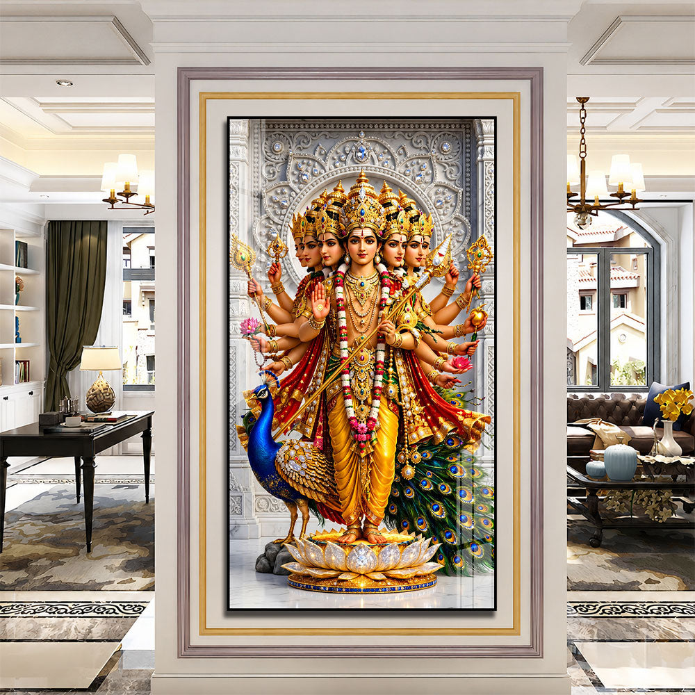 Lord Kartikeya with Sacred Weapons Acrylic Painting for Religious Home Decor