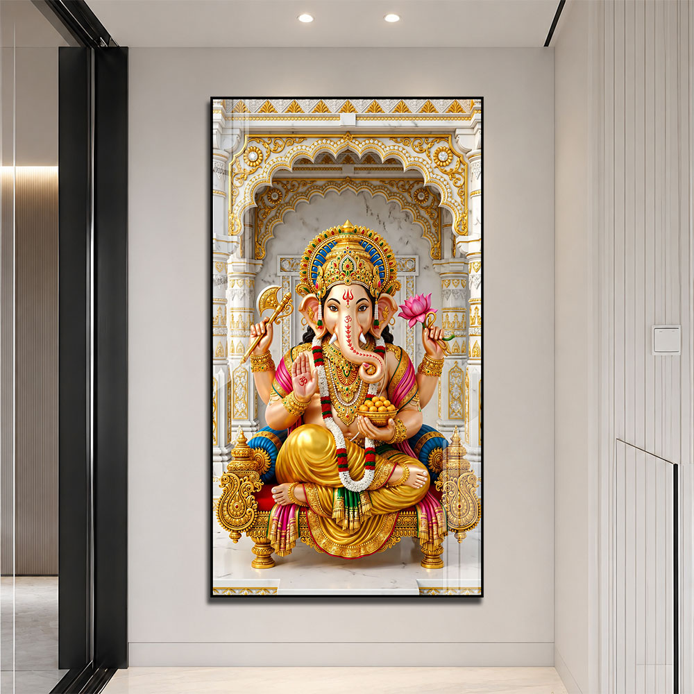 Divine Ganpati Bappa on Golden Throne Acrylic Wall Art for Home Temple
