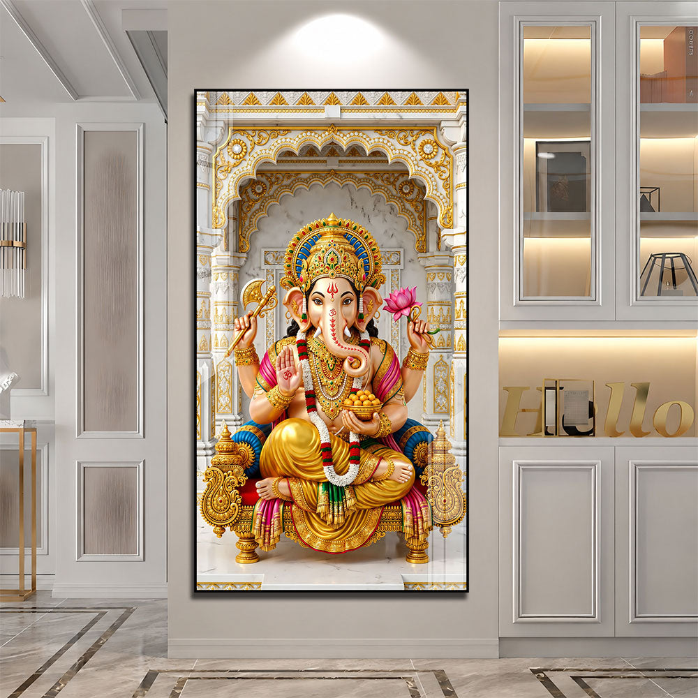 Divine Ganpati Bappa on Golden Throne Acrylic Wall Art for Home Temple