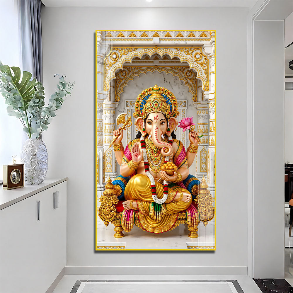 Divine Ganpati Bappa on Golden Throne Acrylic Wall Art for Home Temple