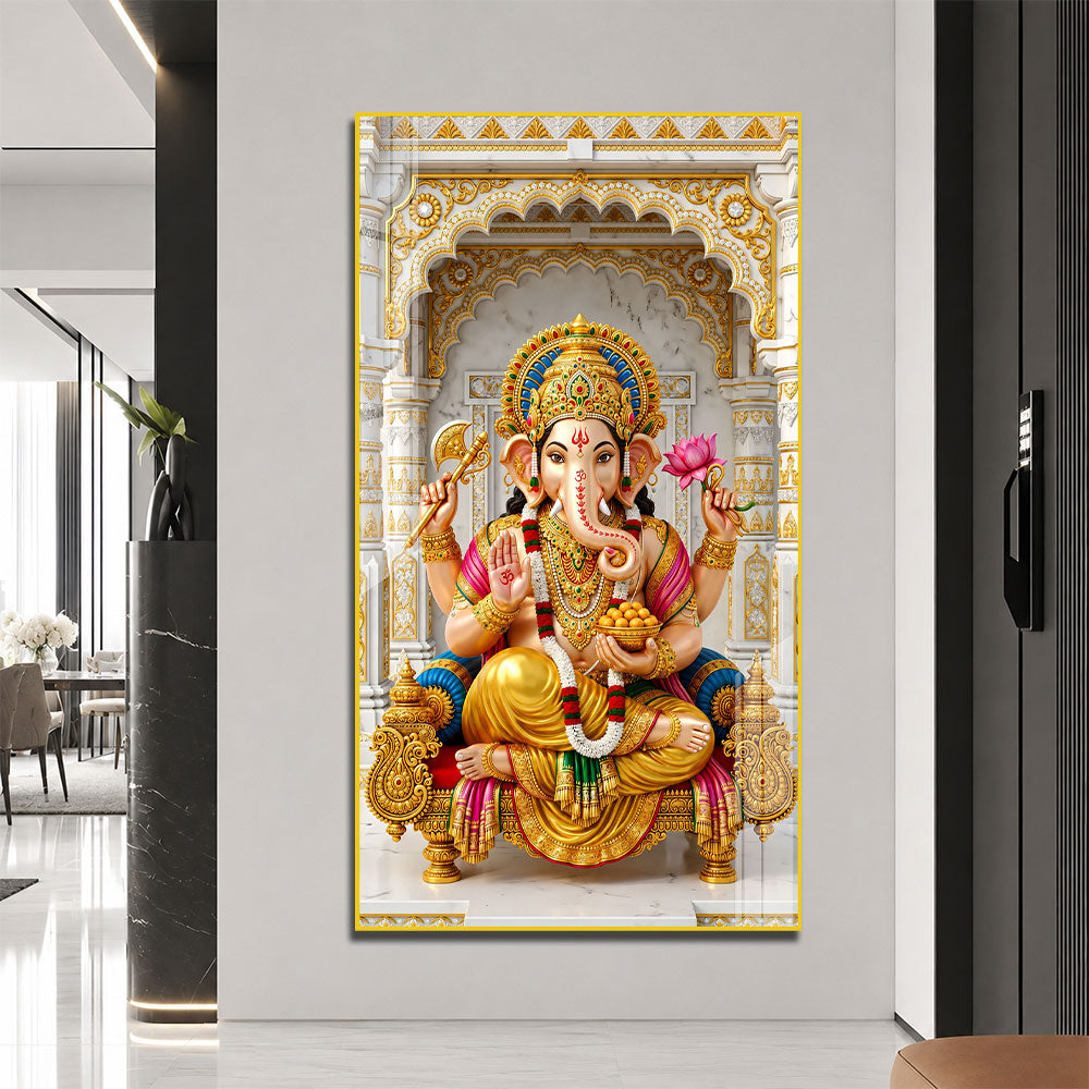 Divine Ganpati Bappa on Golden Throne Acrylic Wall Art for Home Temple