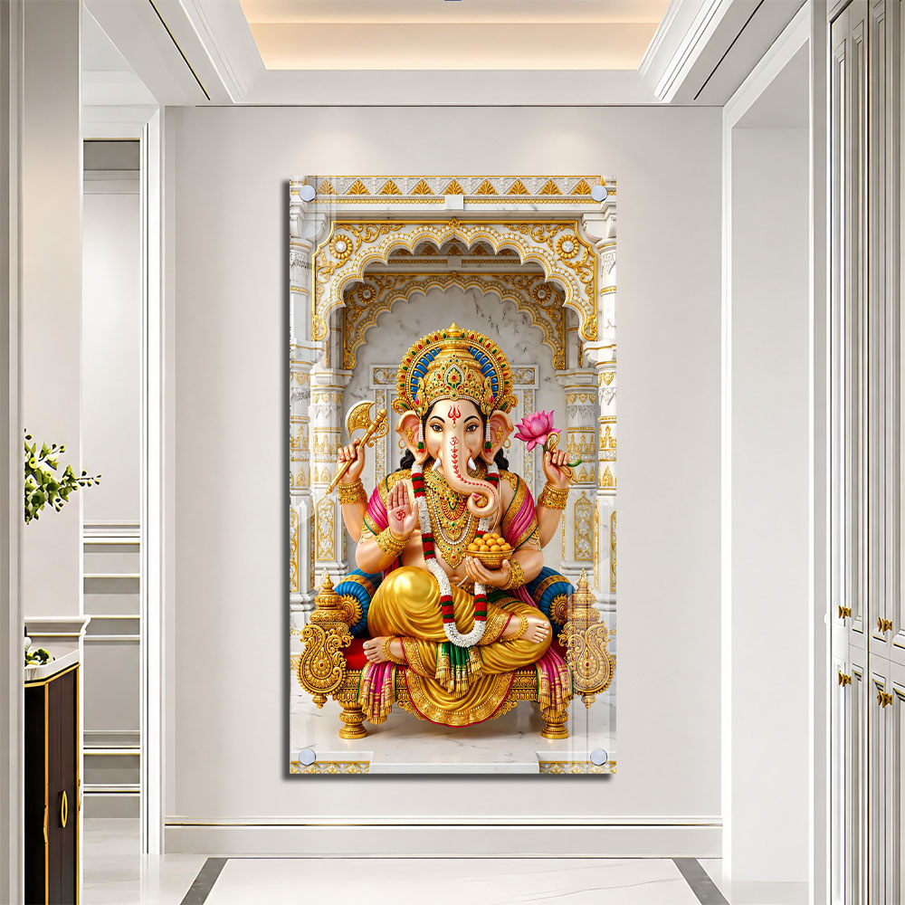 Divine Ganpati Bappa on Golden Throne Acrylic Wall Art for Home Temple
