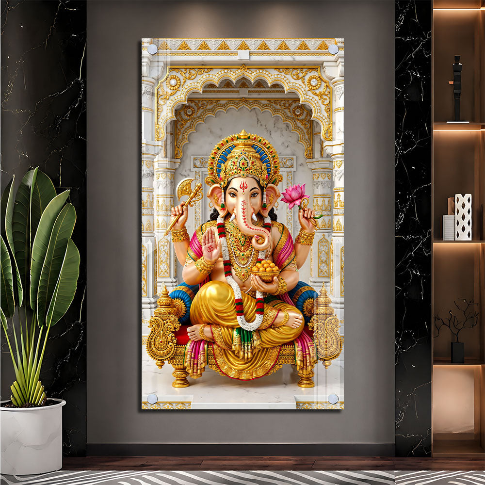 Divine Ganpati Bappa on Golden Throne Acrylic Wall Art for Home Temple