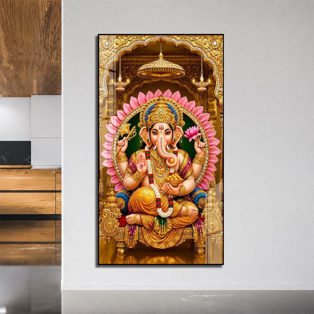 Hindu God Lord Ganesha with Golden Crown Acrylic Painting for Spiritual Decor