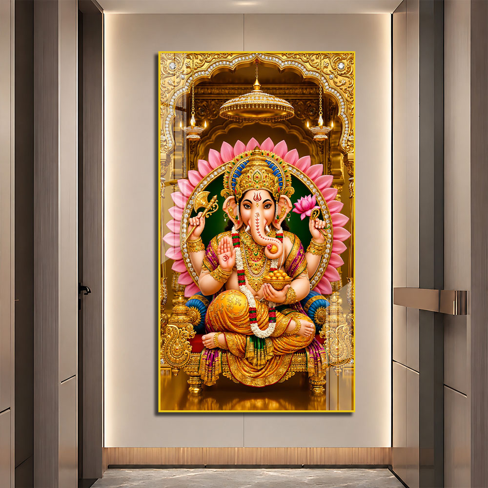Hindu God Lord Ganesha with Golden Crown Acrylic Painting for Spiritual Decor