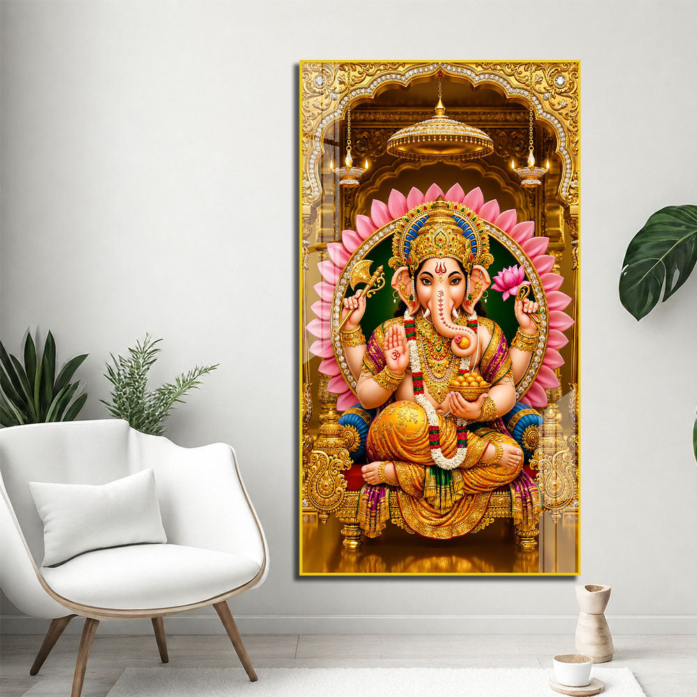 Hindu God Lord Ganesha with Golden Crown Acrylic Painting for Spiritual Decor