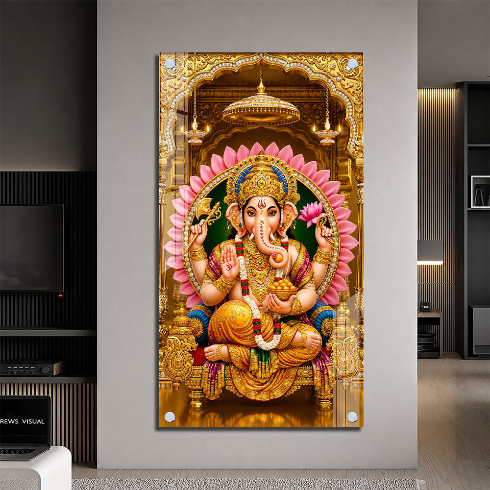 Hindu God Lord Ganesha with Golden Crown Acrylic Painting for Spiritual Decor