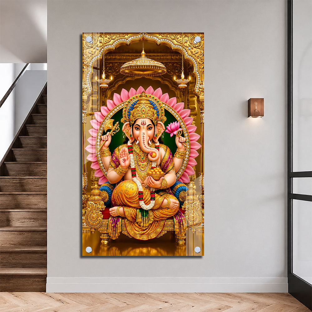 Hindu God Lord Ganesha with Golden Crown Acrylic Painting for Spiritual Decor
