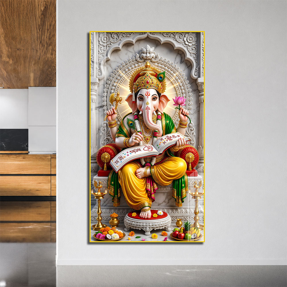Siddhivinayak Ganesh Ji with Holy Scripture Acrylic Wall Painting for Pooja Room