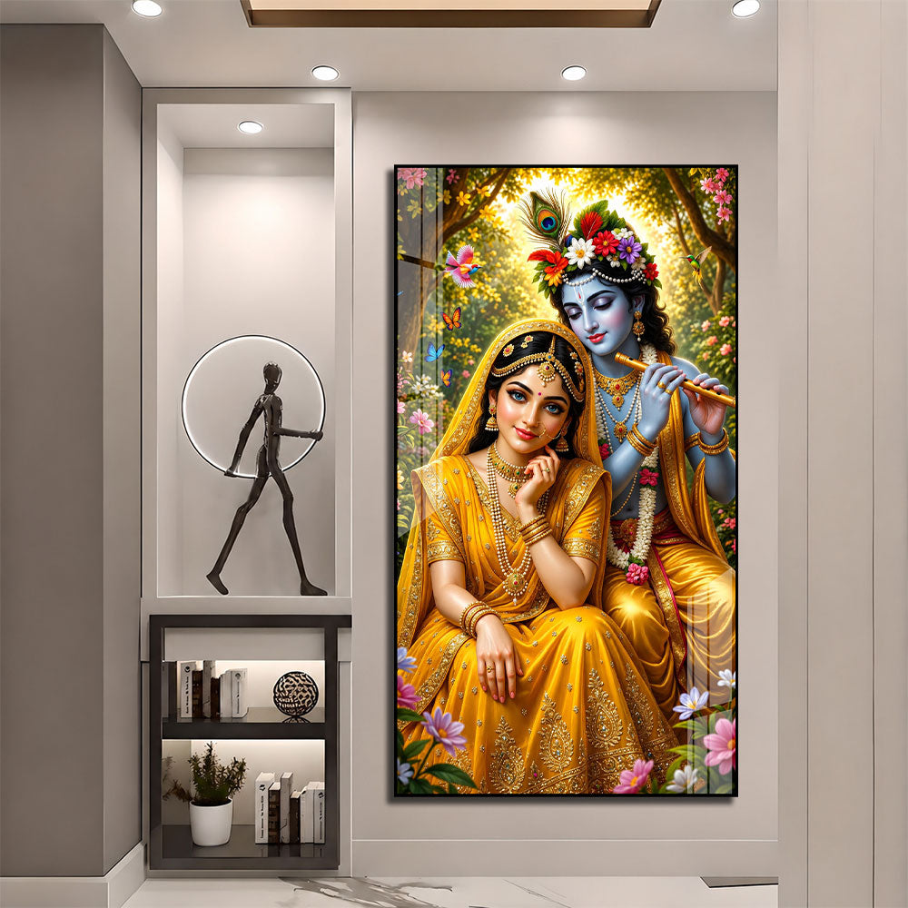 Lord Krishna Playing Flute with Radha Premium Acrylic Wall Art for Home Temple