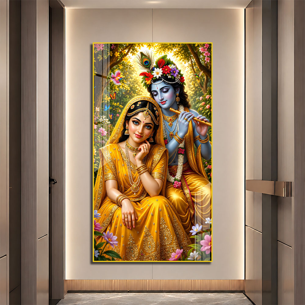 Lord Krishna Playing Flute with Radha Premium Acrylic Wall Art for Home Temple