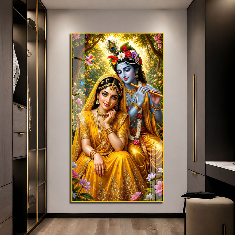 Lord Krishna Playing Flute with Radha Premium Acrylic Wall Art for Home Temple