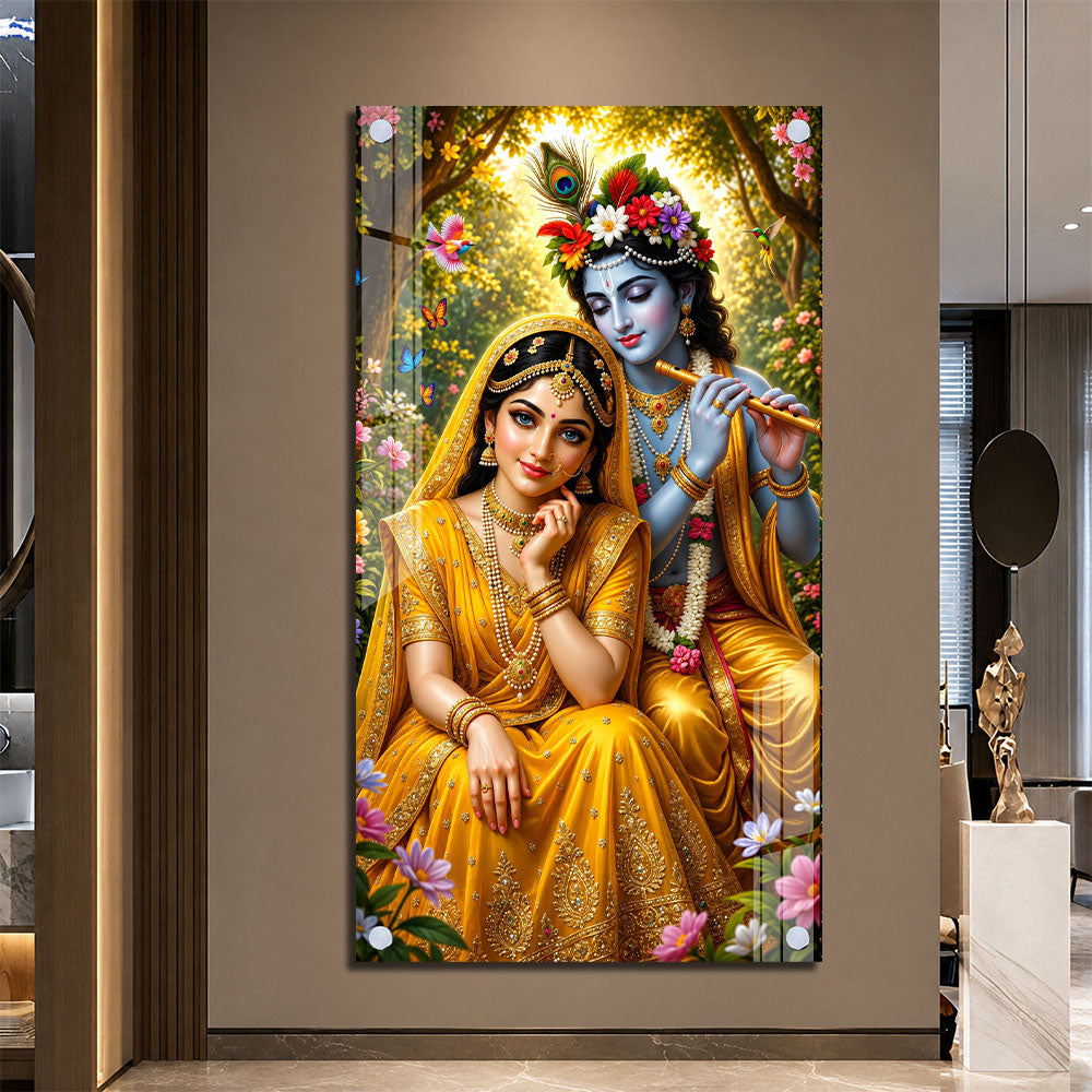 Lord Krishna Playing Flute with Radha Premium Acrylic Wall Art for Home Temple