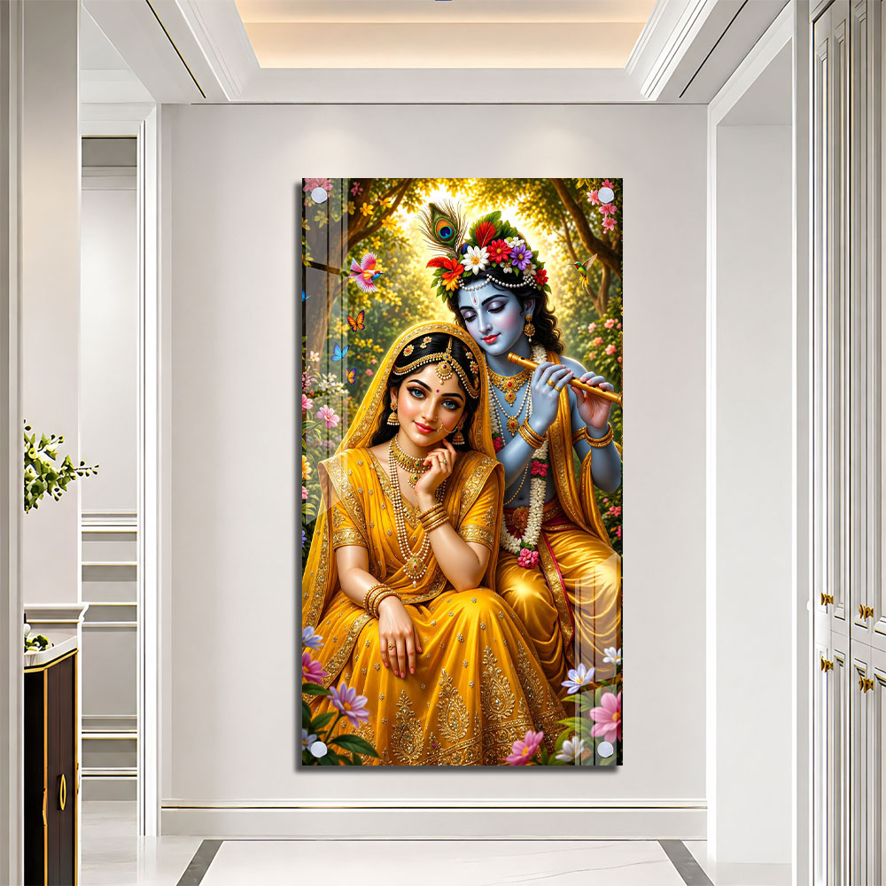Lord Krishna Playing Flute with Radha Premium Acrylic Wall Art for Home Temple