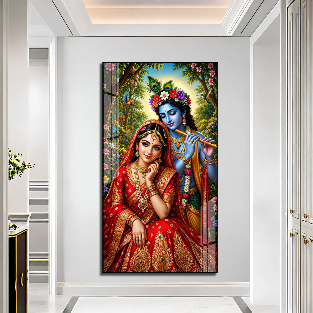 Divine Radha Krishna with Peacock Feather Acrylic Painting for Meditation Room