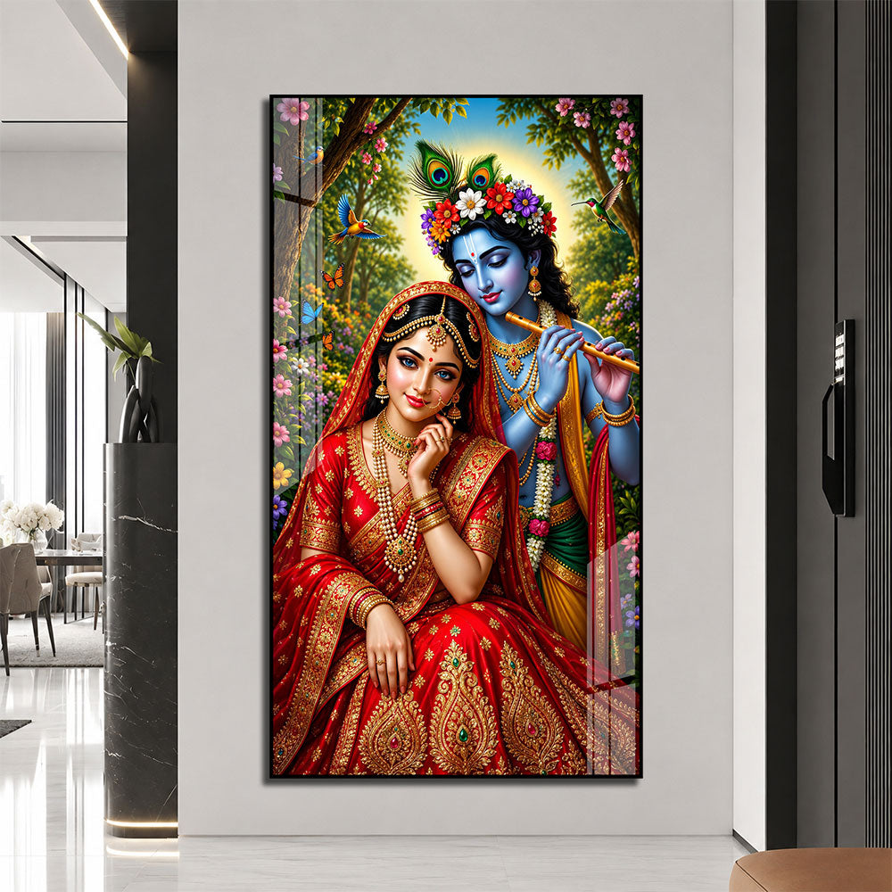 Divine Radha Krishna with Peacock Feather Acrylic Painting for Meditation Room
