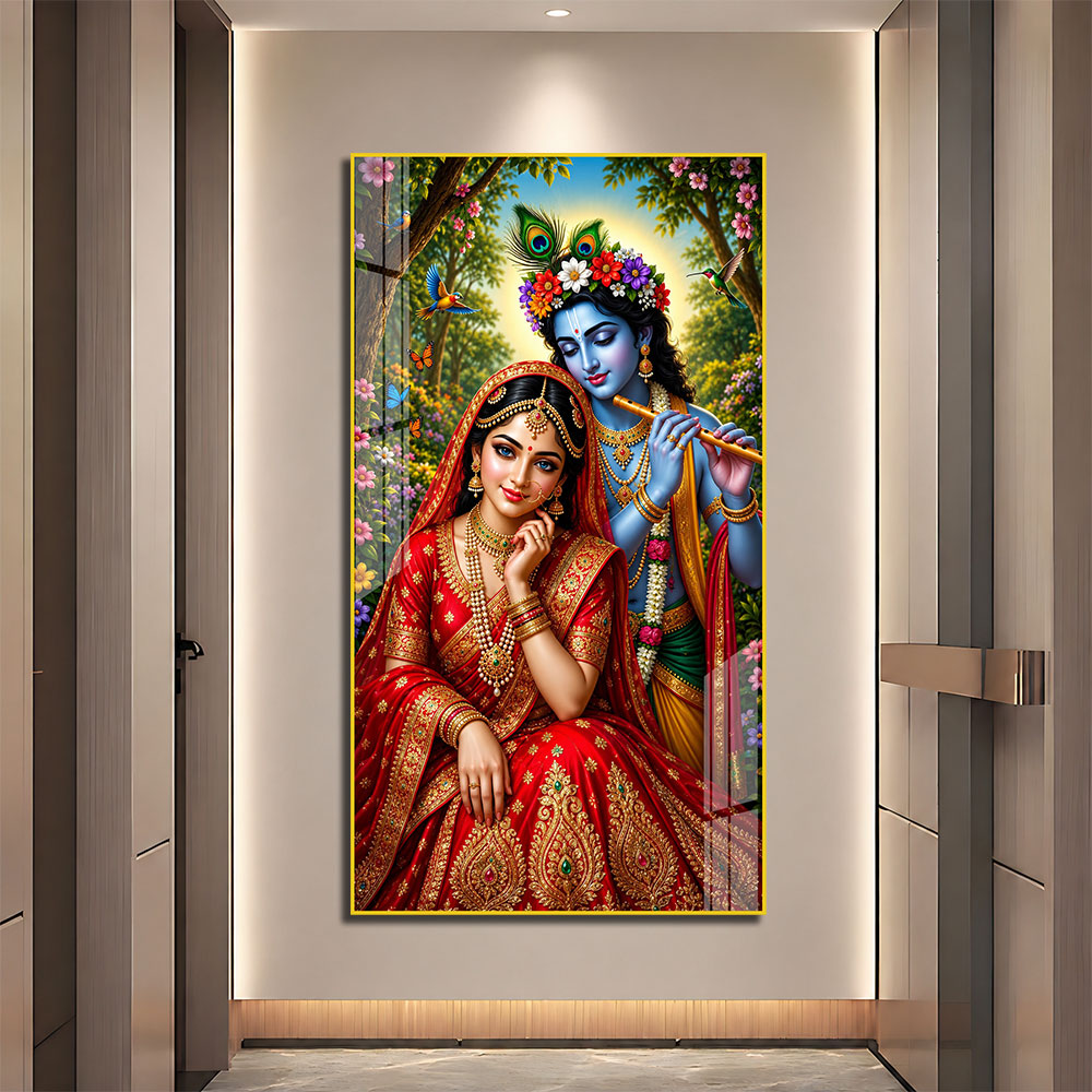 Divine Radha Krishna with Peacock Feather Acrylic Painting for Meditation Room