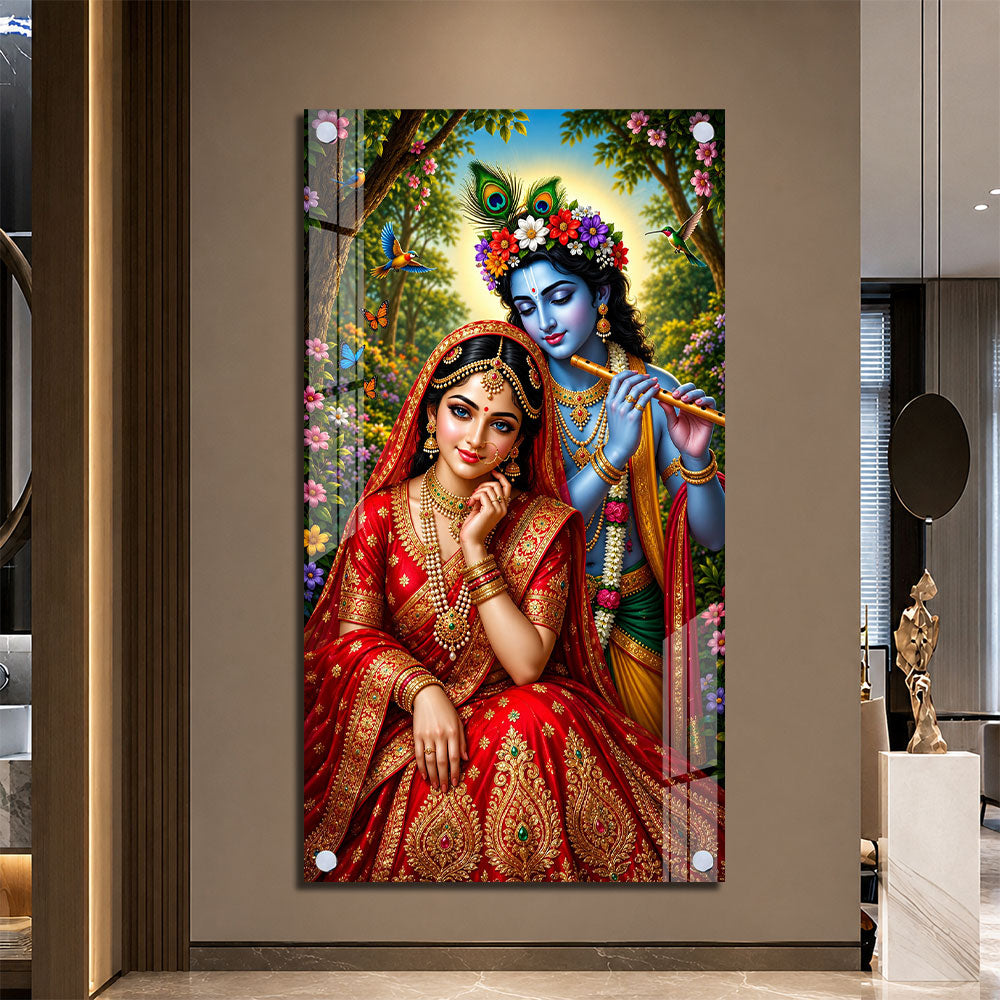 Divine Radha Krishna with Peacock Feather Acrylic Painting for Meditation Room