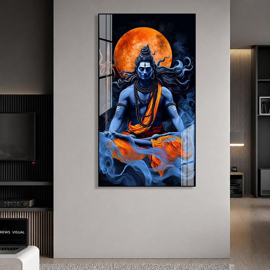 Meditating Lord Shiva Mahadev Premium Acrylic Wall Painting with Full Moon for Home