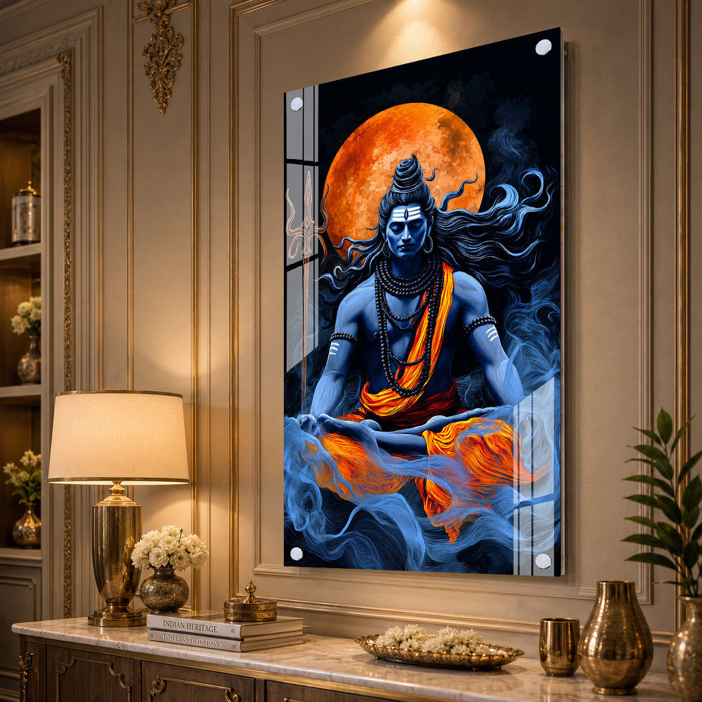 Meditating Lord Shiva Mahadev Premium Acrylic Wall Painting with Full Moon for Home