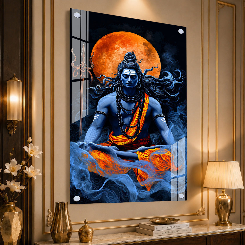 Meditating Lord Shiva Mahadev Premium Acrylic Wall Painting with Full Moon for Home