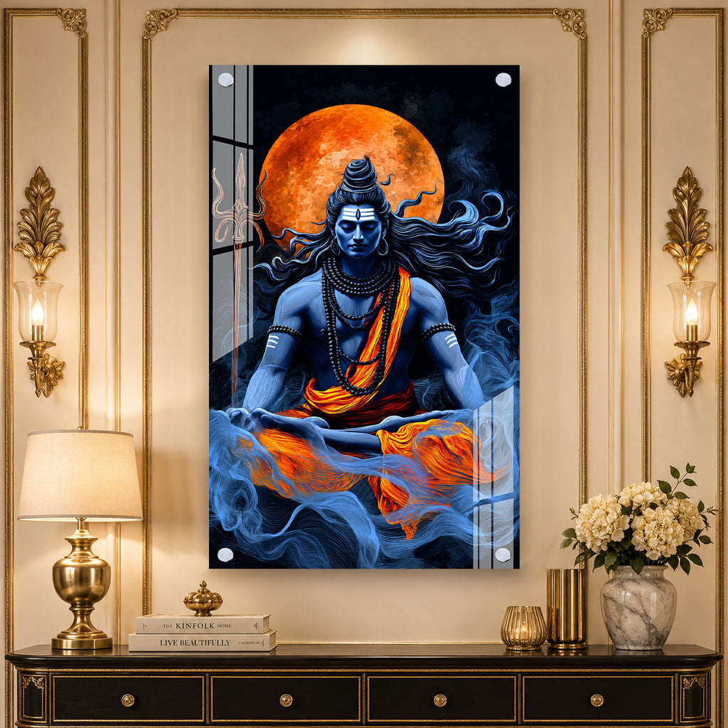 Meditating Lord Shiva Mahadev Premium Acrylic Wall Painting with Full Moon for Home