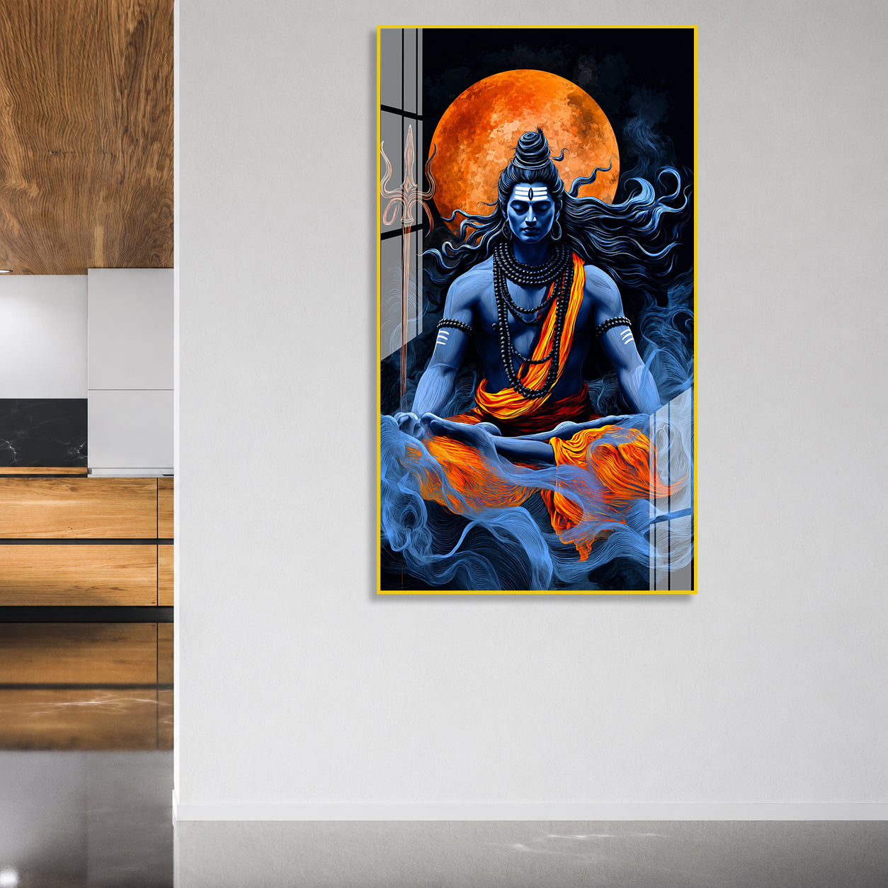 Meditating Lord Shiva Mahadev Premium Acrylic Wall Painting with Full Moon for Home