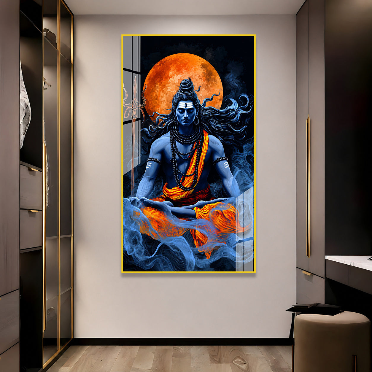 Meditating Lord Shiva Mahadev Premium Acrylic Wall Painting with Full Moon for Home
