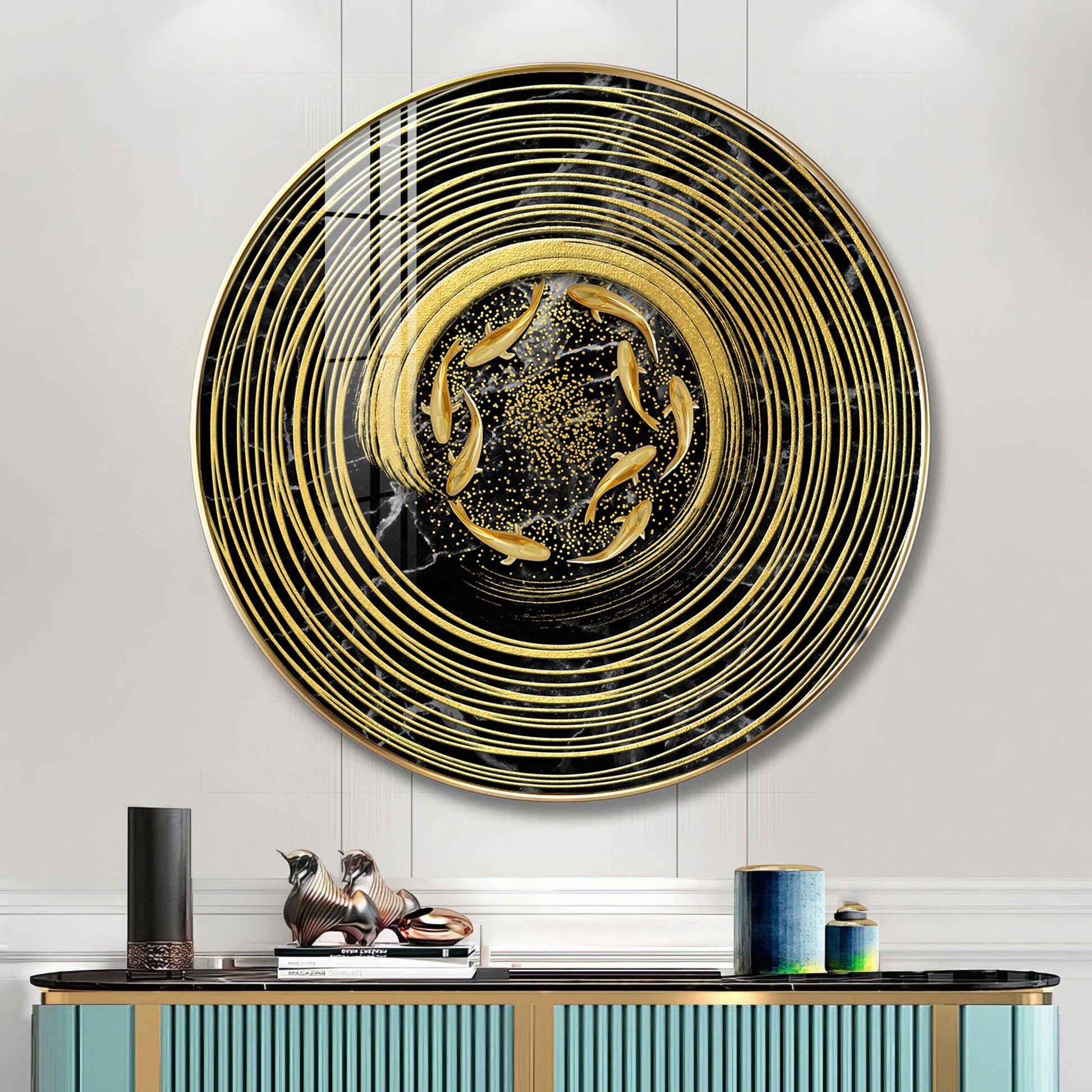 Premium Marble Texture Gold Ring Fish Art acrylic wall painting