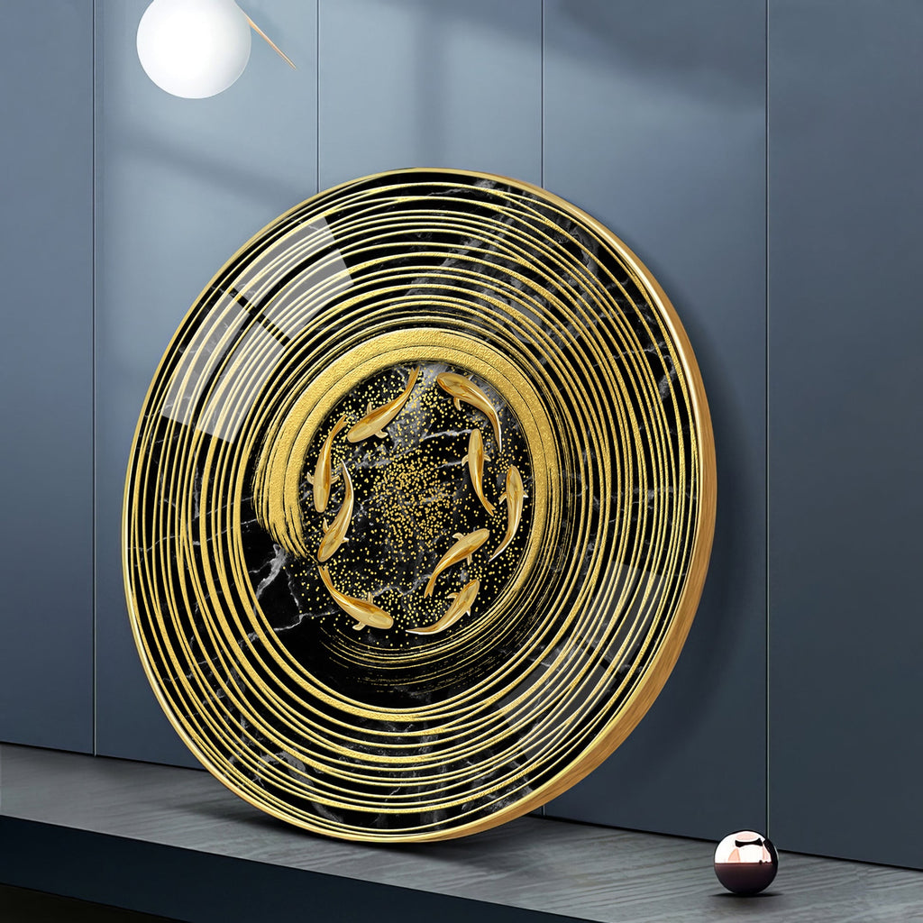 Premium Marble Texture Gold Ring Fish Art acrylic wall painting