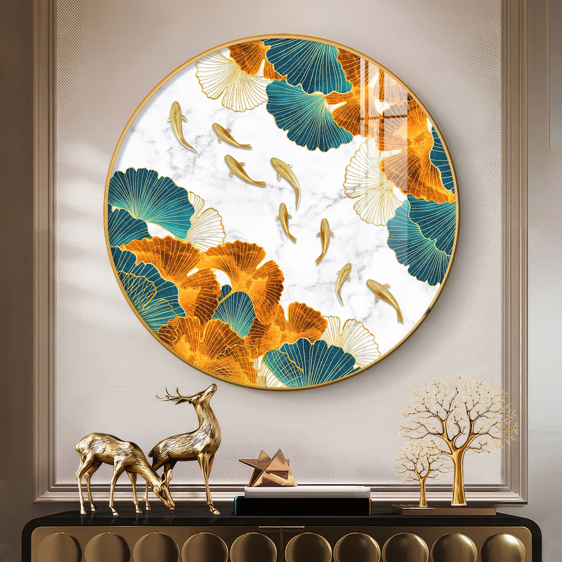 Premium Circular Nature Inspired Koi Fish Artwork acrylic wall painting