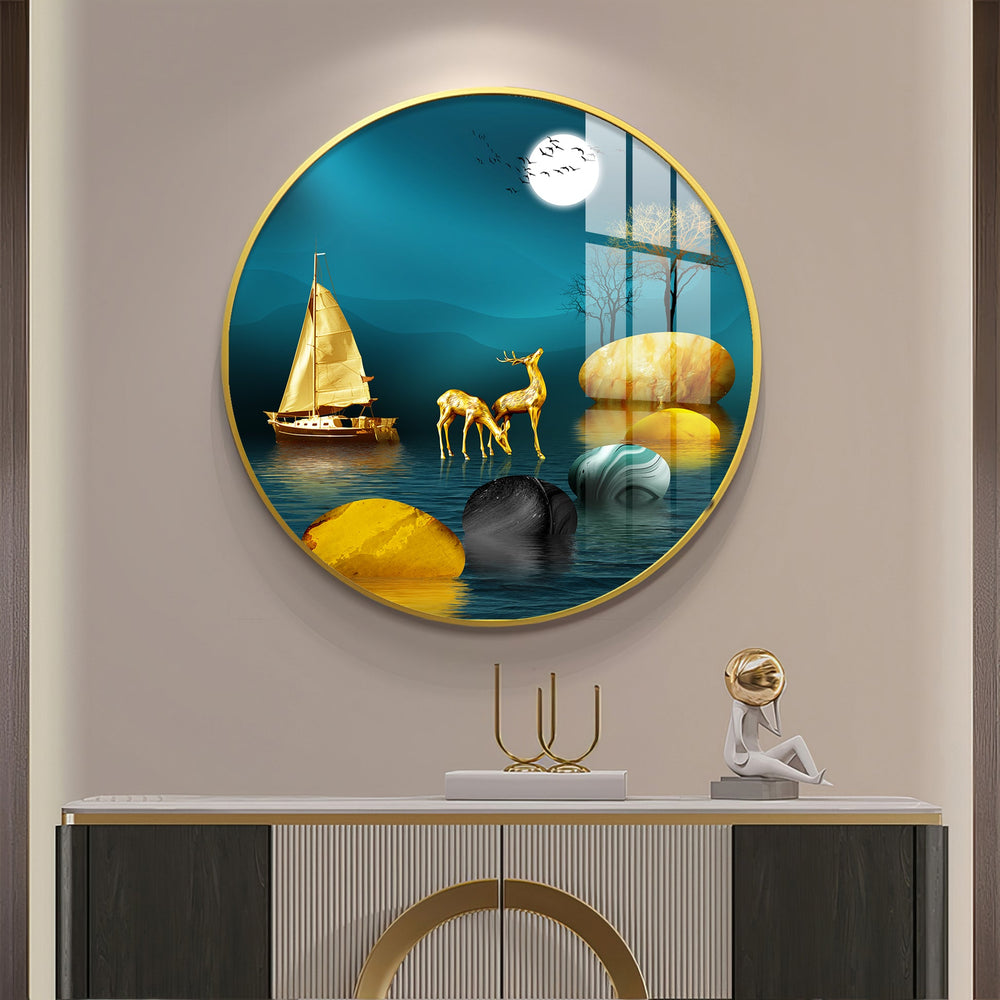 Luxury Golden Deer & Sailboat Moonlight Scene acrylic wall painting