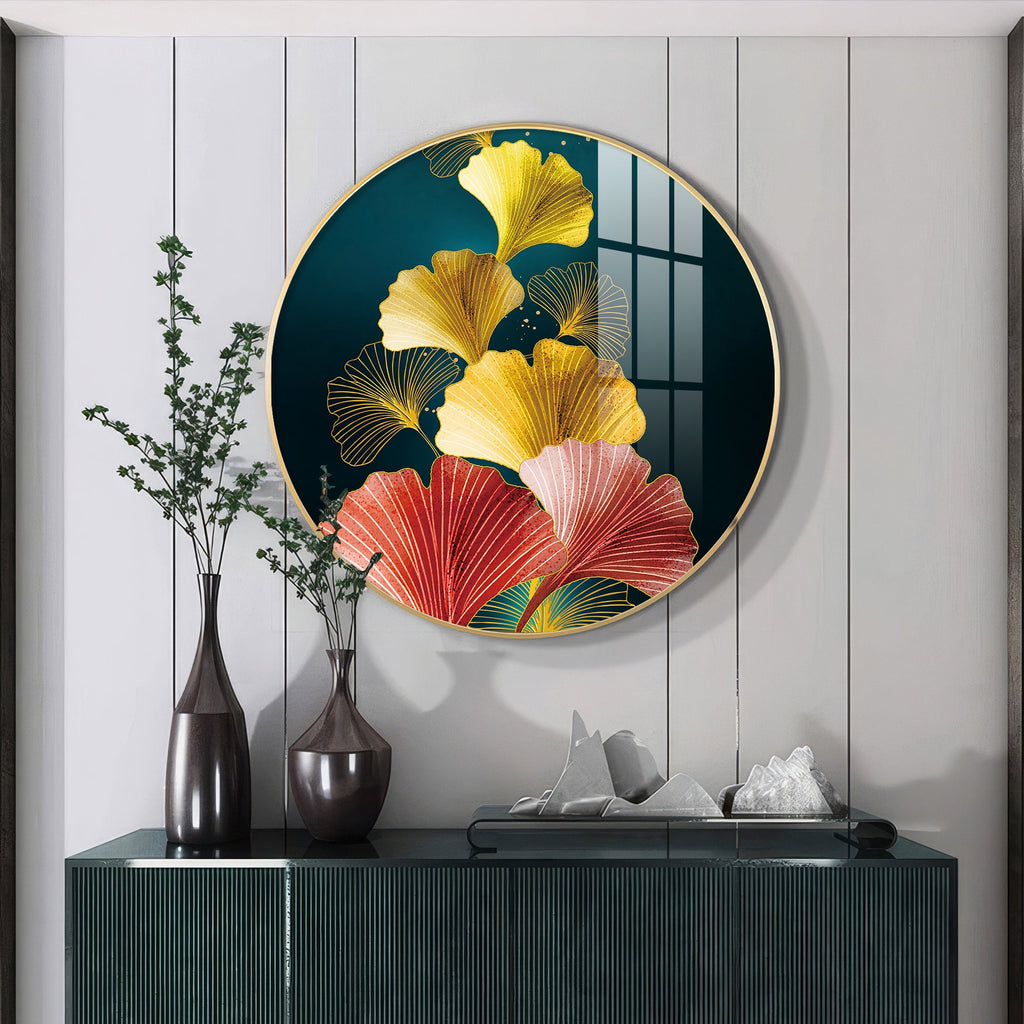 Designer Circular Golden Leaf Abstract acrylic wall painting