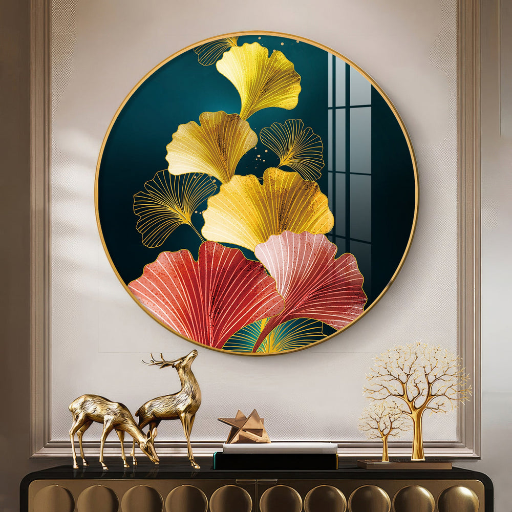 Designer Circular Golden Leaf Abstract acrylic wall painting