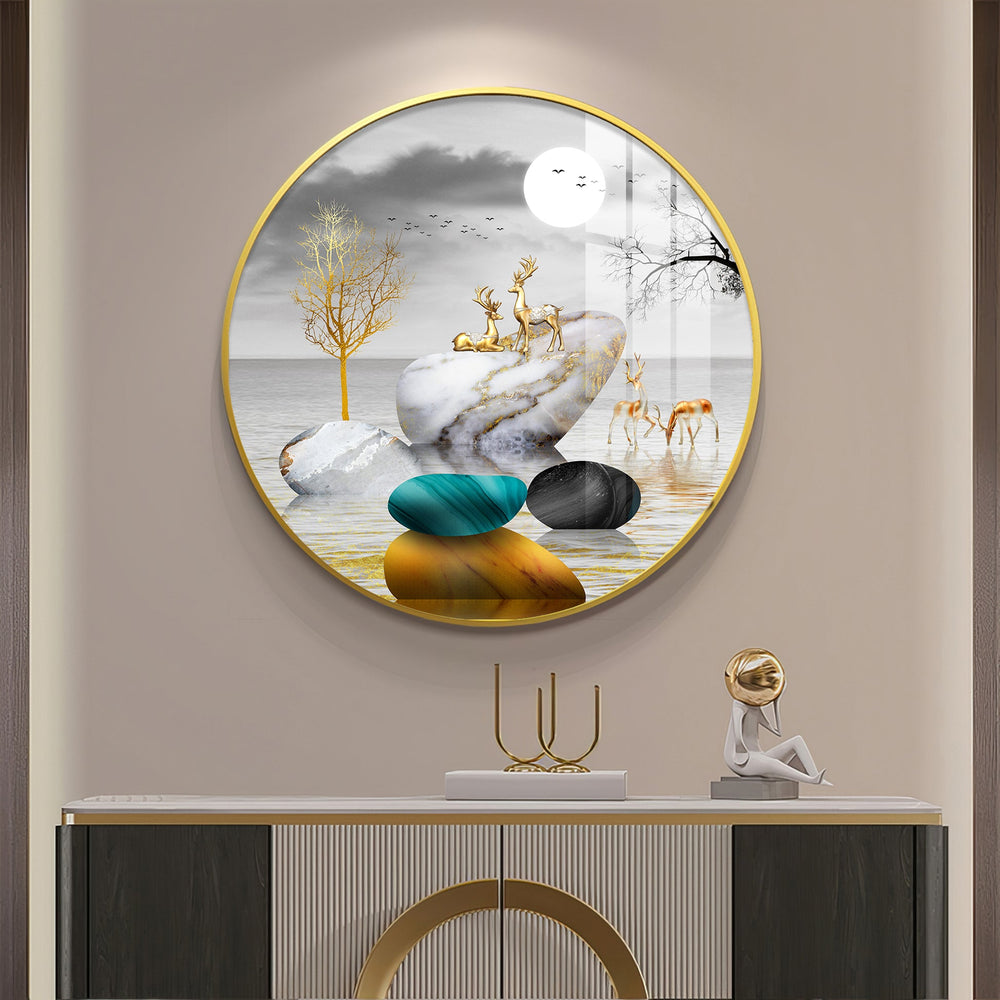 Modern Abstract Stone & Deer Art Circle Frame acrylic wall painting
