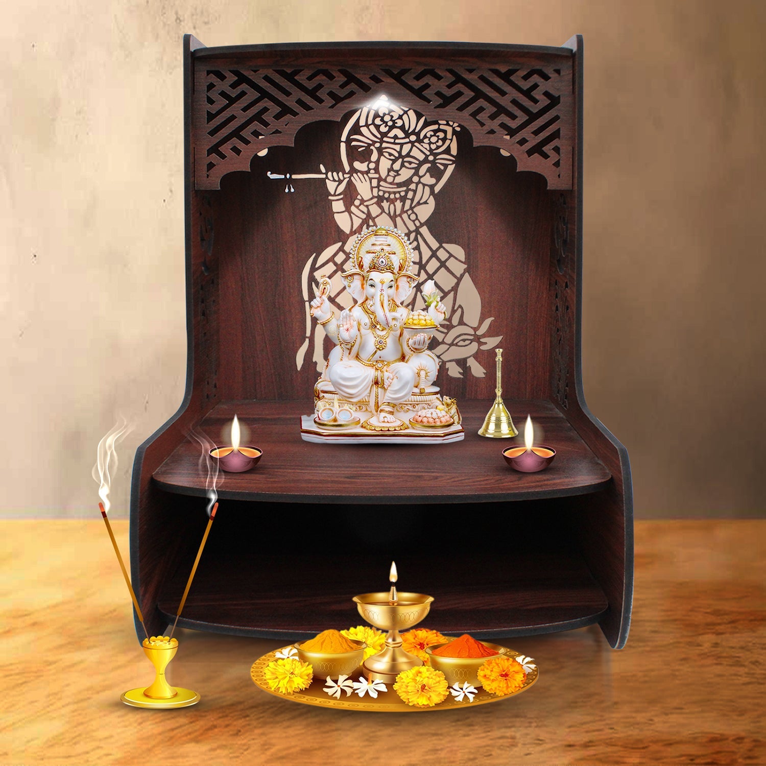 Wooden deity altar with Lord Ganesha statue, candles, and flowers on a wooden surface.