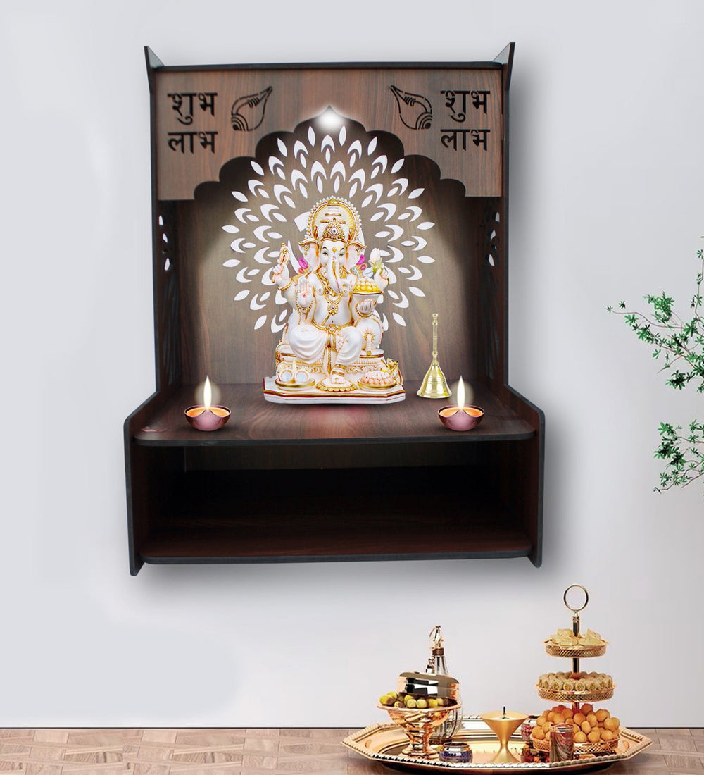 Luxurious Wooden Temple for Home with Spacious Shelf & Inbuilt Focus Lights