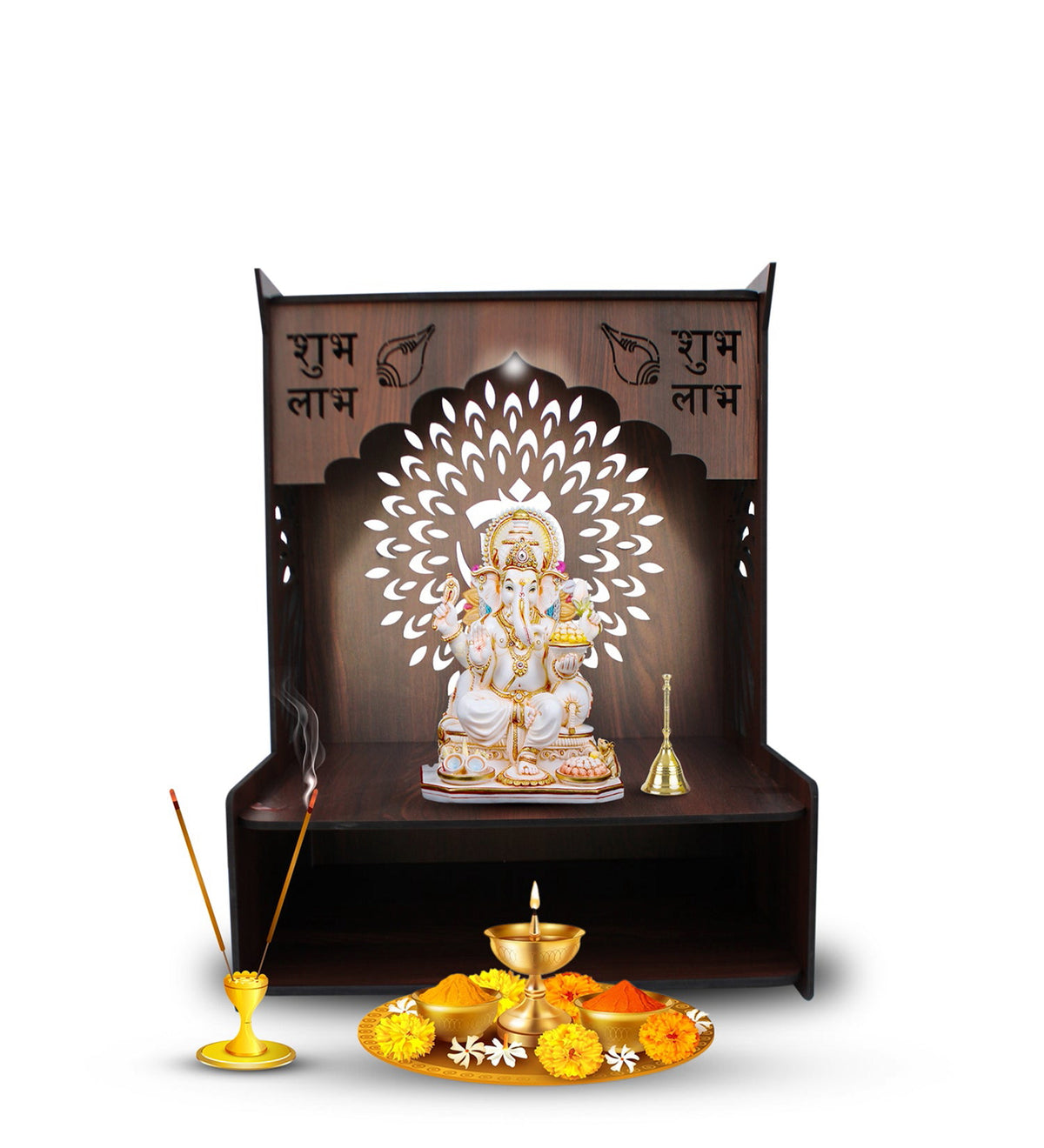Luxurious Wooden Temple for Home with Spacious Shelf & Inbuilt Focus Lights