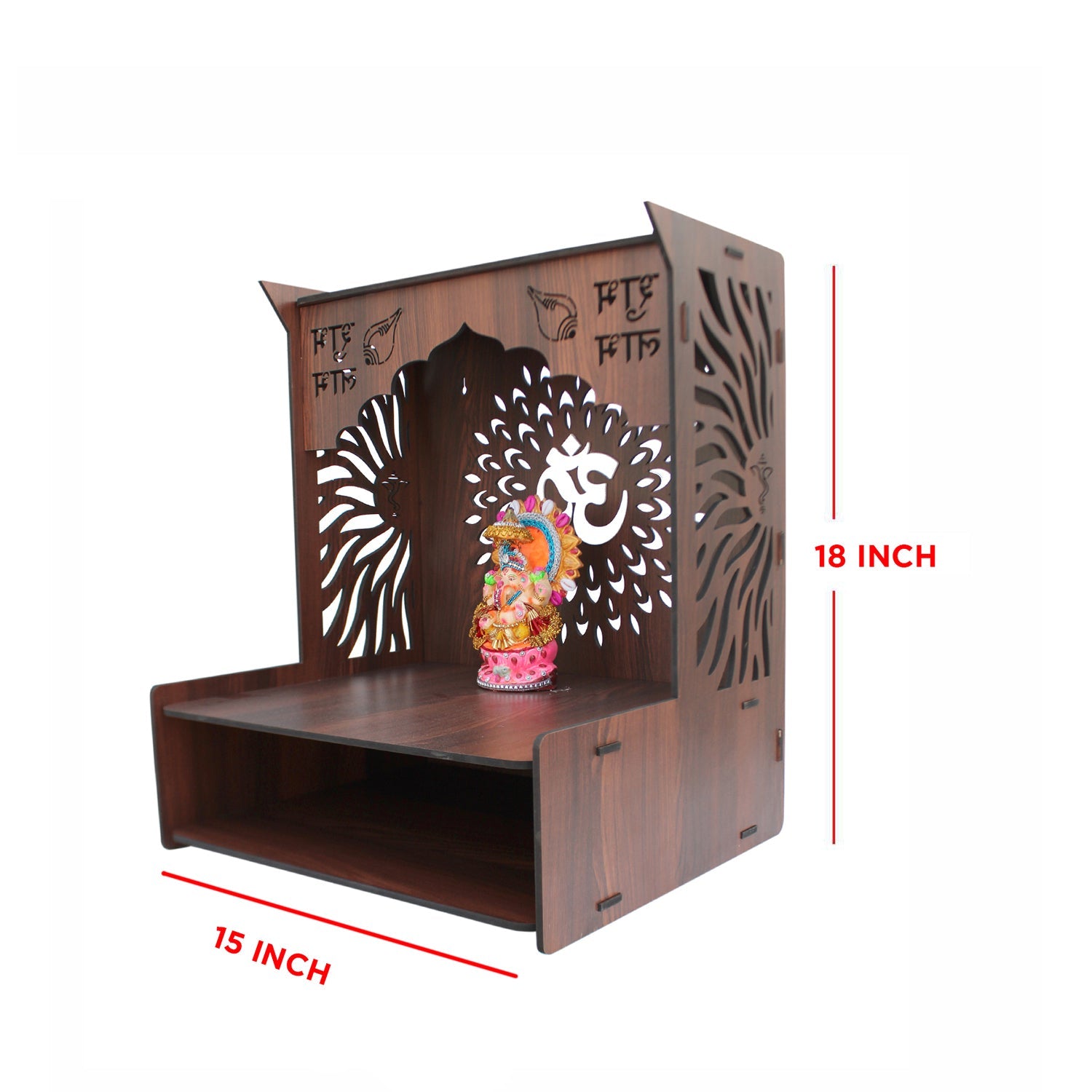 Premium Wooden Temple for Home with Spacious Shelf & Inbuilt Focus Lights