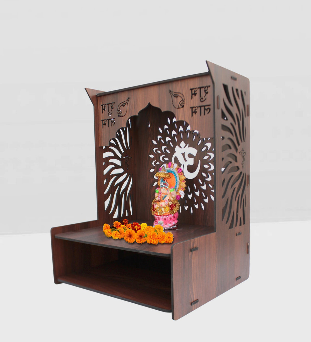 Luxurious Wooden Temple for Home with Spacious Shelf & Inbuilt Focus Lights