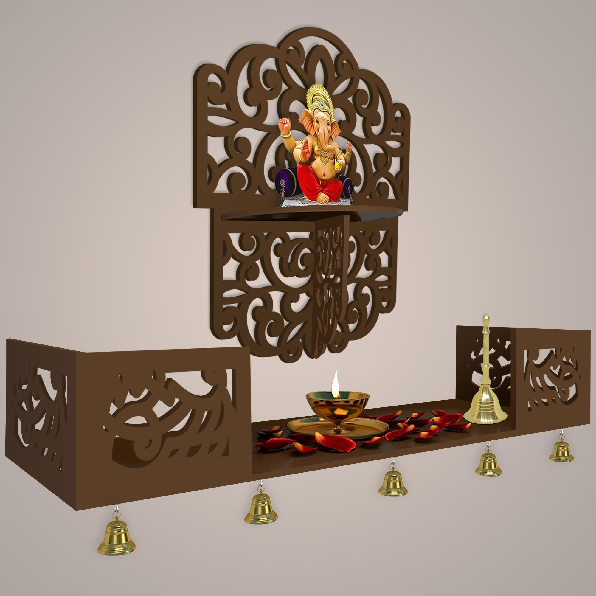 Divine Beautiful Wall Hanging Wooden Temple/ Pooja Mandir Design with Shelf, Brown Color - Decor Mantra 