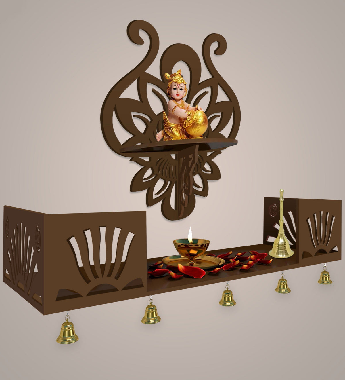 Lotus Pattern Wall Hanging Wooden Temple/ Pooja Mandir Design with Shelf, Brown Color