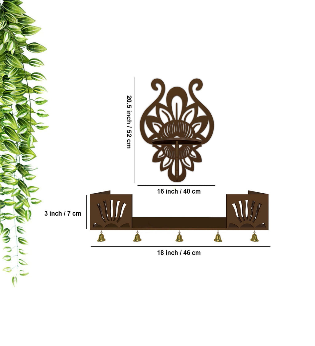 Lotus Pattern Wall Hanging Wooden Temple/ Pooja Mandir Design with Shelf, Brown Color